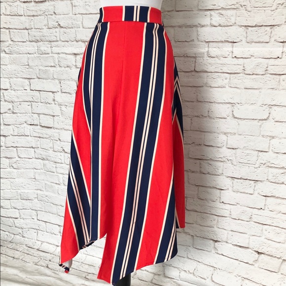 NASTY GAL Hanky Hem Striped Midi Skirt S Red Blue - Picture 8 of 10